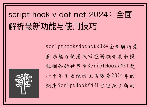 script hook v dot net 2024：全面解析最新功能与使用技巧